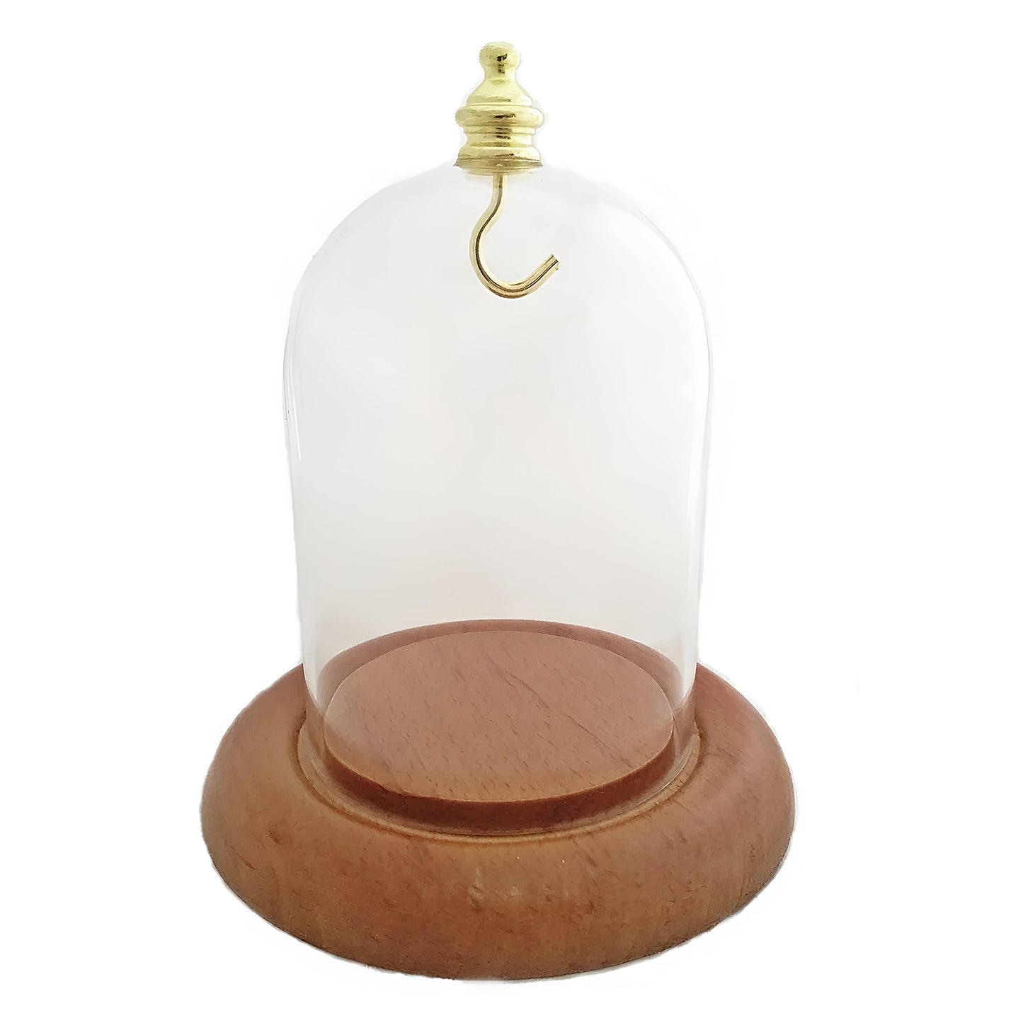 Pocket watch glass display dome cloche oak wood base and brass gold hook 3"x4", back view.