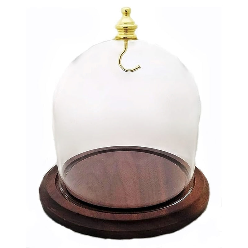 Pocket watch glass display dome cloche real walnut wood base and gold brass hook 4"x4", back view.