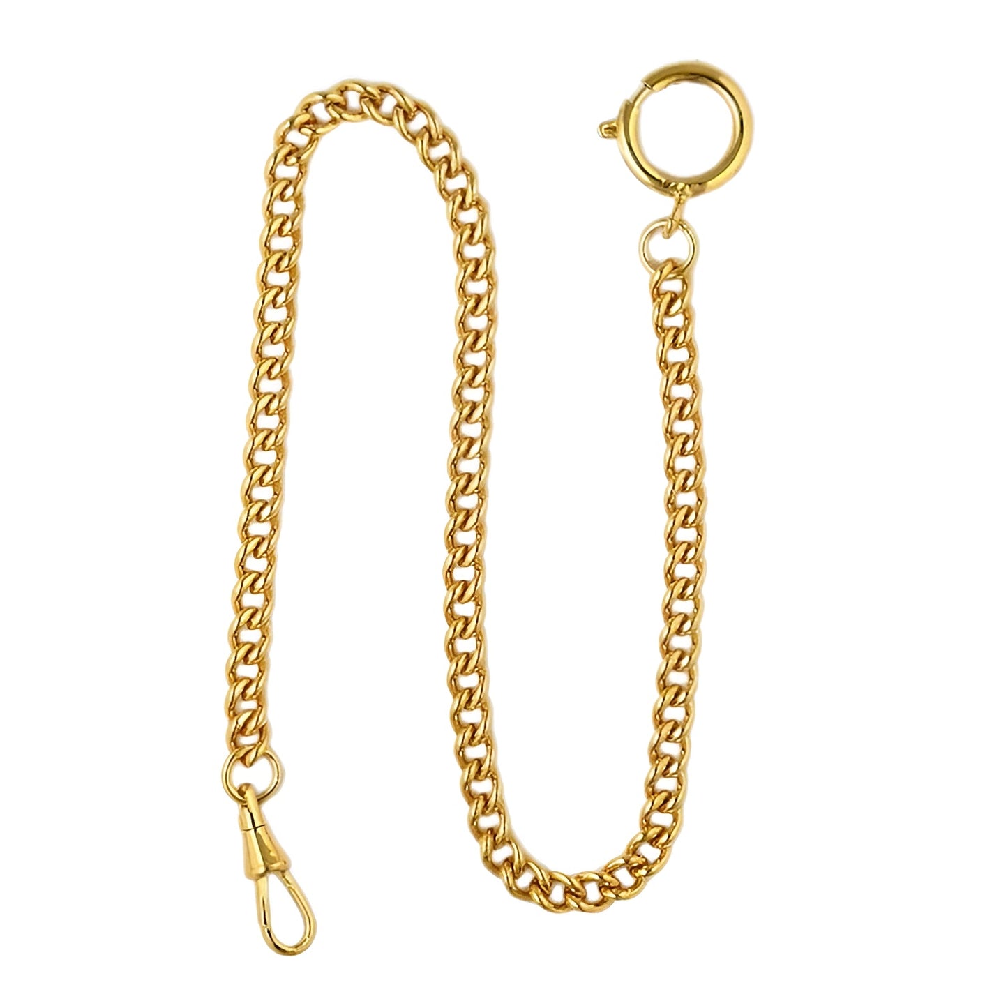 Dueber gold plated stainless steel "Sport Chain" pocket watch chain with spring ring, front view.
