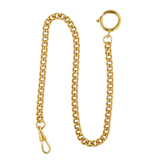 Dueber gold plated stainless steel "Sport Chain" pocket watch chain with spring ring, front view.