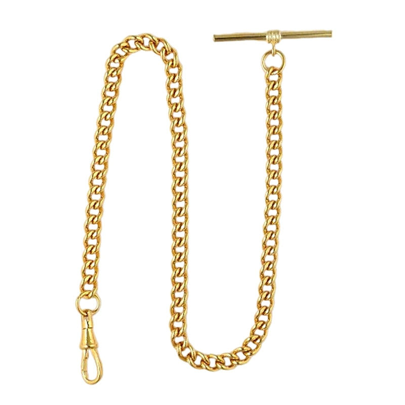 Dueber gold plated stainless steel “Single Albert” pocket watch chain, front view.