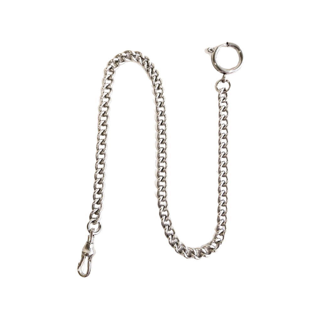 Dueber chrome plated stainless steel "Sport Chain" pocket watch chain with spring ring, front view.