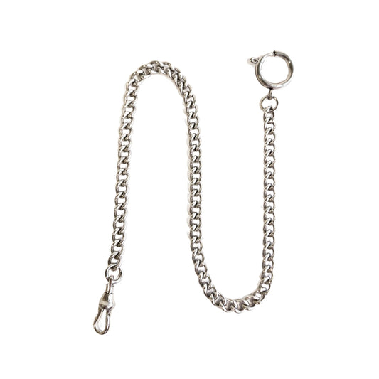 Dueber chrome plated stainless steel "Sport Chain" pocket watch chain with spring ring, front view.