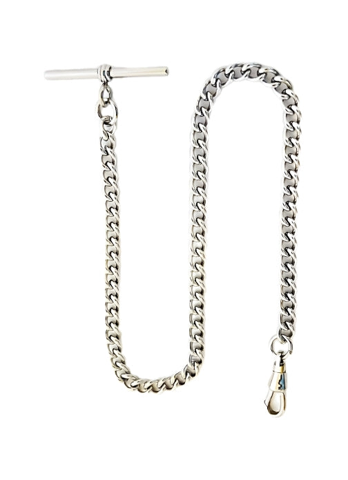 Dueber chrome plated stainless steel “Single Albert” pocket watch chain, front view.