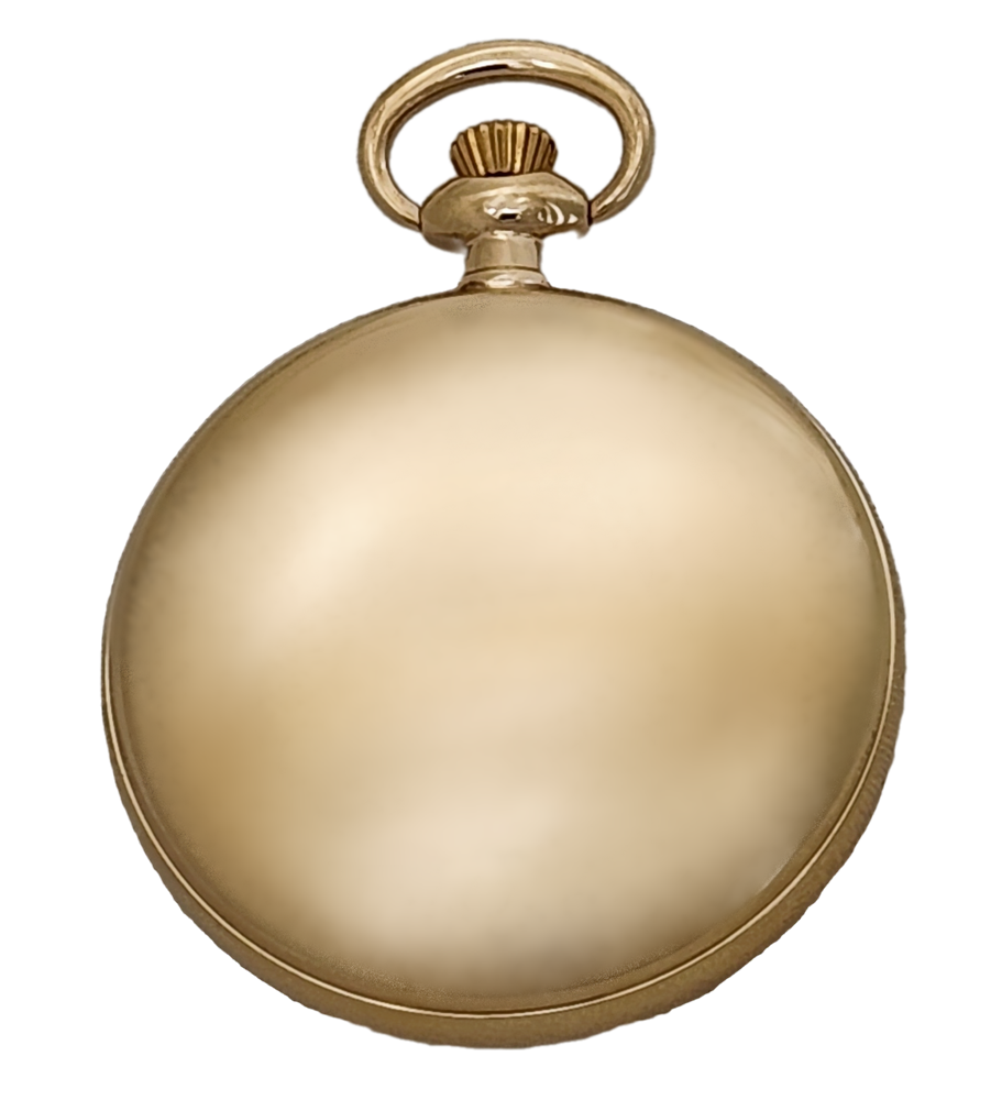 Dueber New Railway gold case, Swiss Quartz movement pocket watch, railroad style dial, back view.