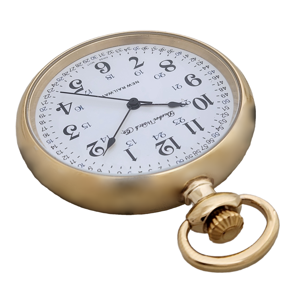 Dueber New Railway gold case, Swiss Quartz movement pocket watch, railroad style dial, top view.