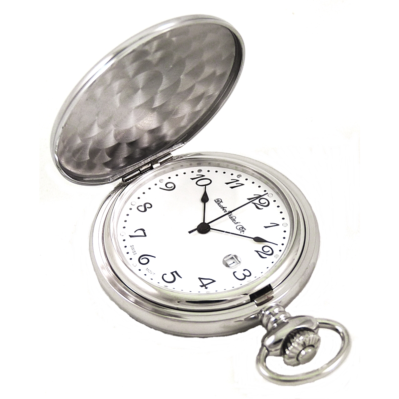 Dueber pocket watch, Swiss made movement, high polished chrome plated steel case, above view.