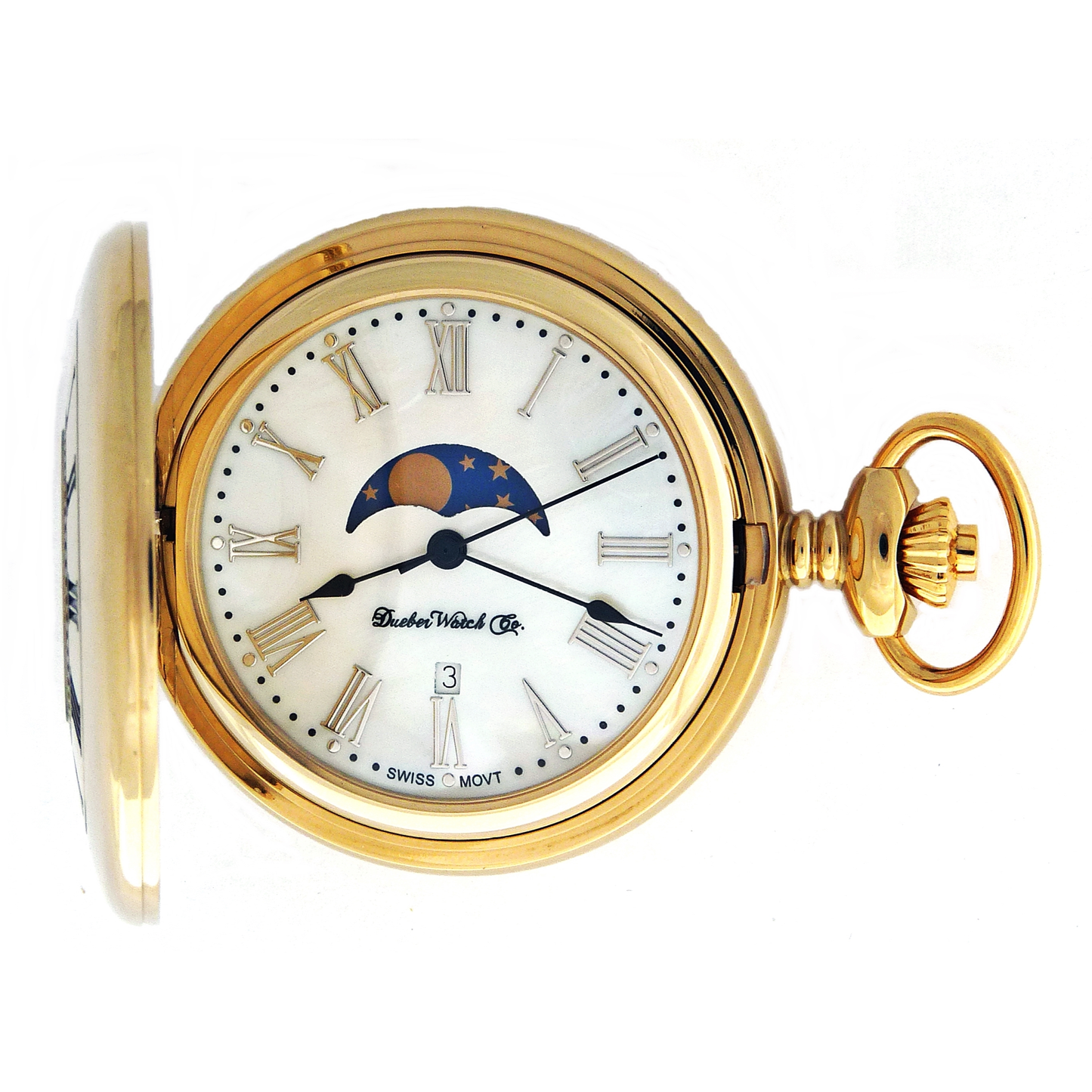Dueber pocket watch, genuine Mother of Pearl Dial, with moon phase, gold plated steel case, front view.