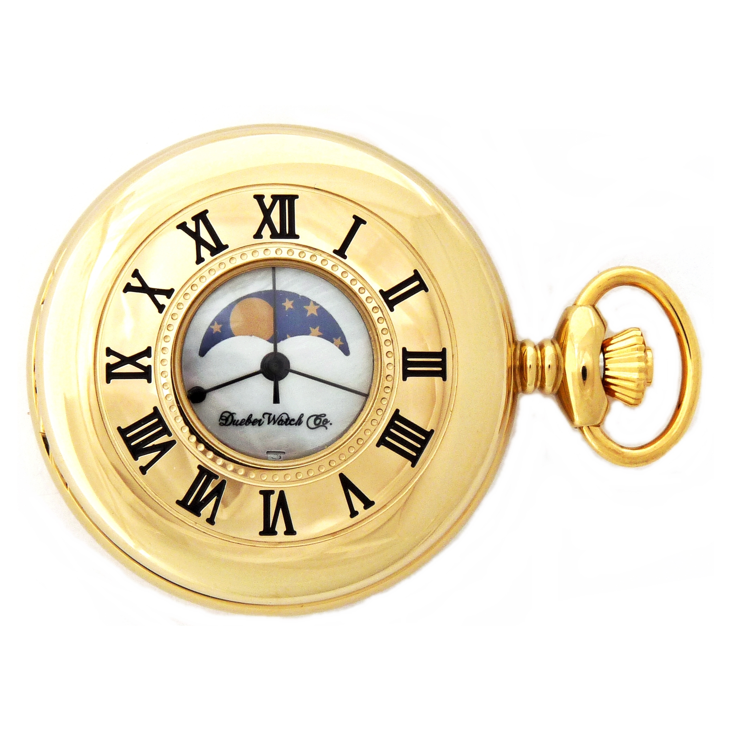 Dueber pocket watch, genuine Mother of Pearl Dial, with moon phase, gold plated steel case, front case view.
