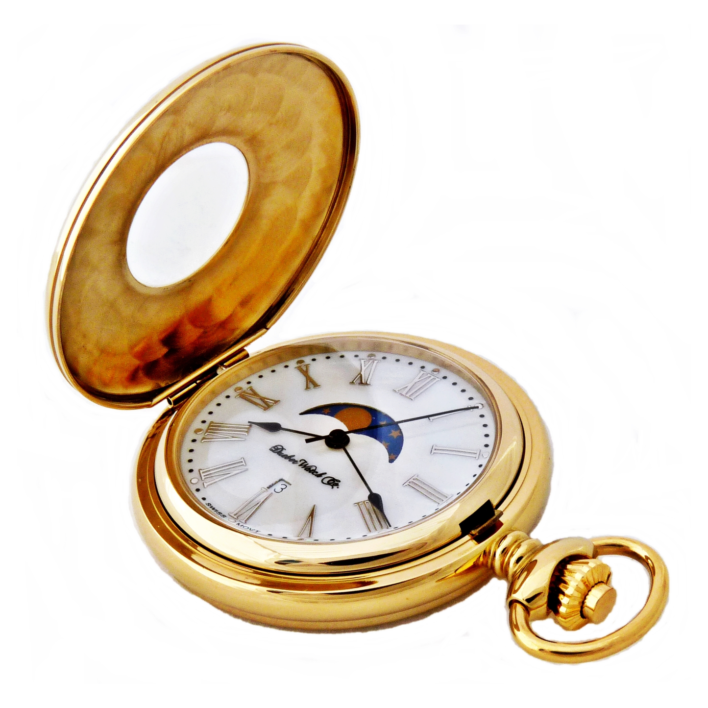 Dueber pocket watch, genuine Mother of Pearl Dial, with moon phase, gold plated steel case, above view.