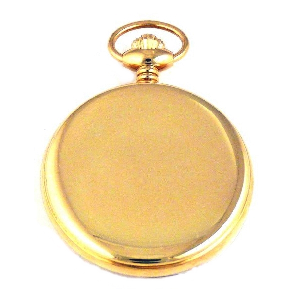 Dueber pocket watch, genuine Mother of Pearl Dial, with moon phase, gold plated steel case, back view.