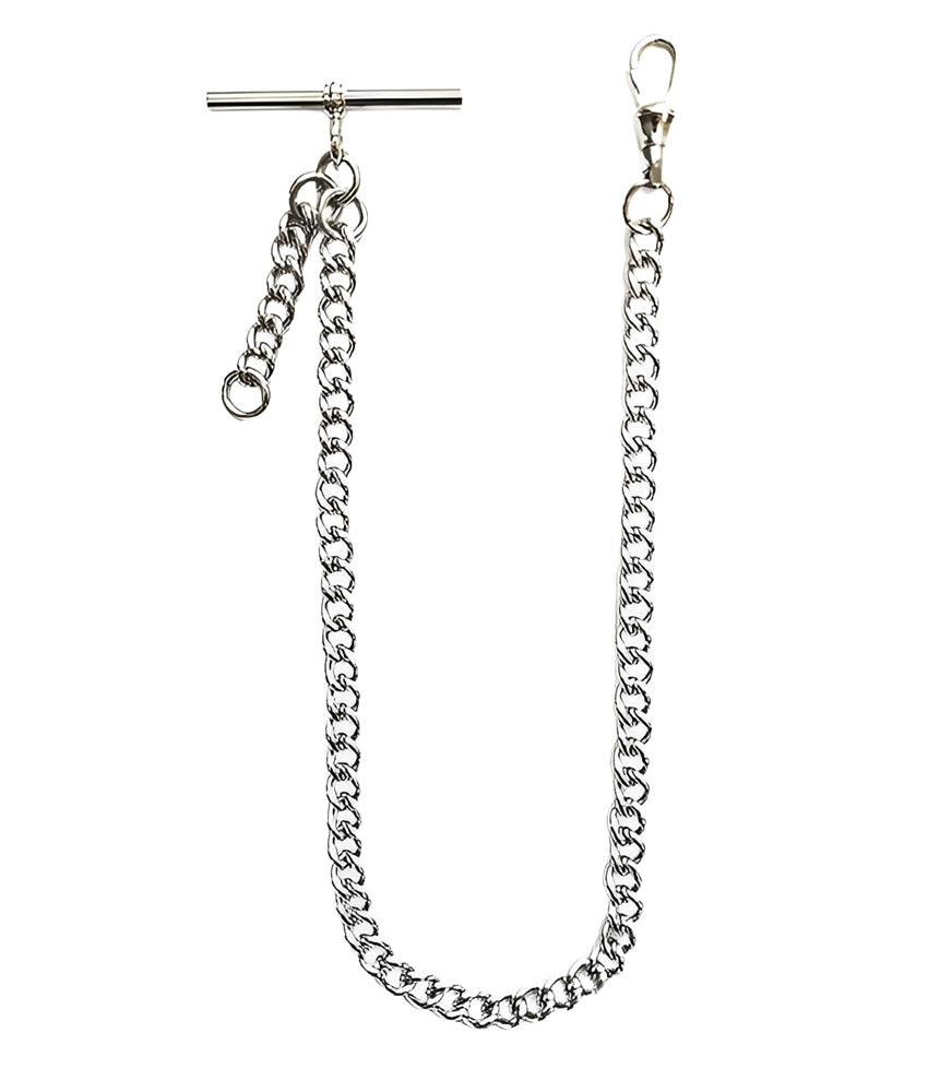 Dueber chrome plated steel albert pocket watch chain with fob drop, front view.