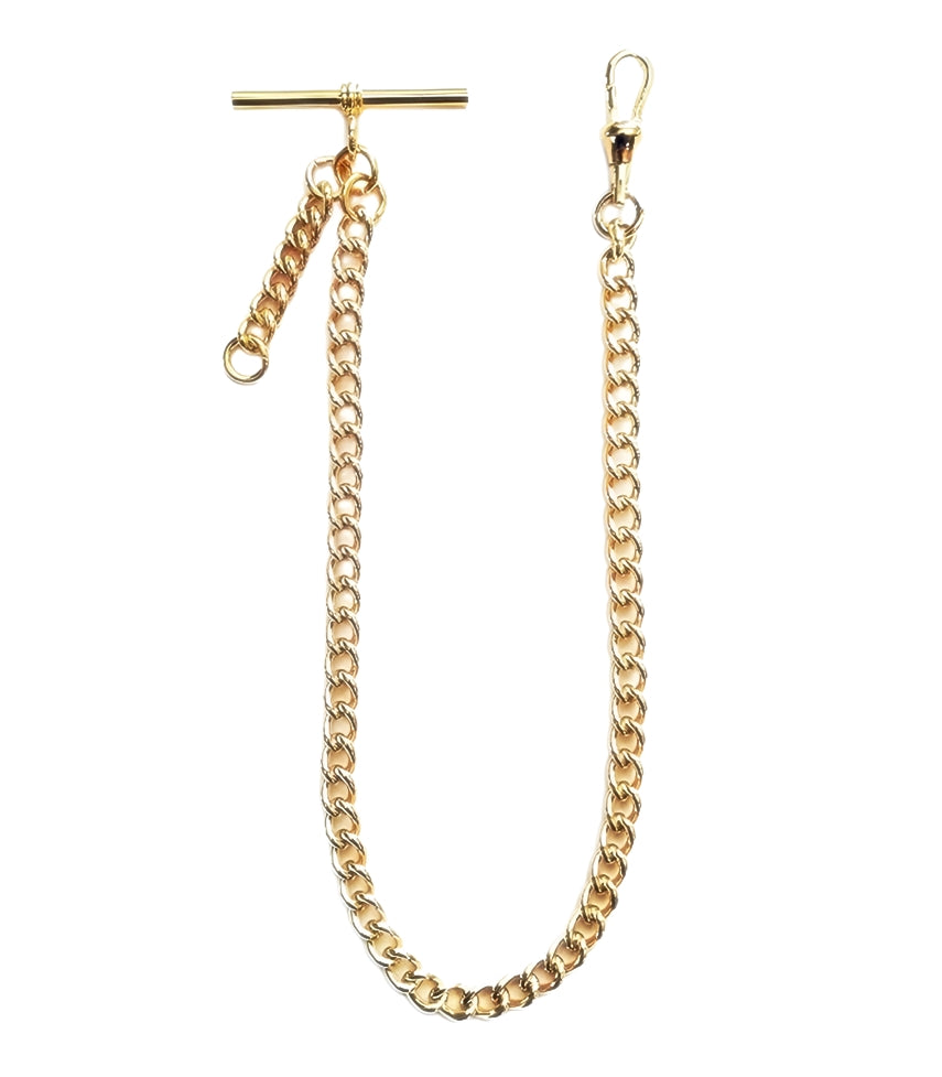 Dueber gold plated steel albert pocket watch chain with fob drop, front view.