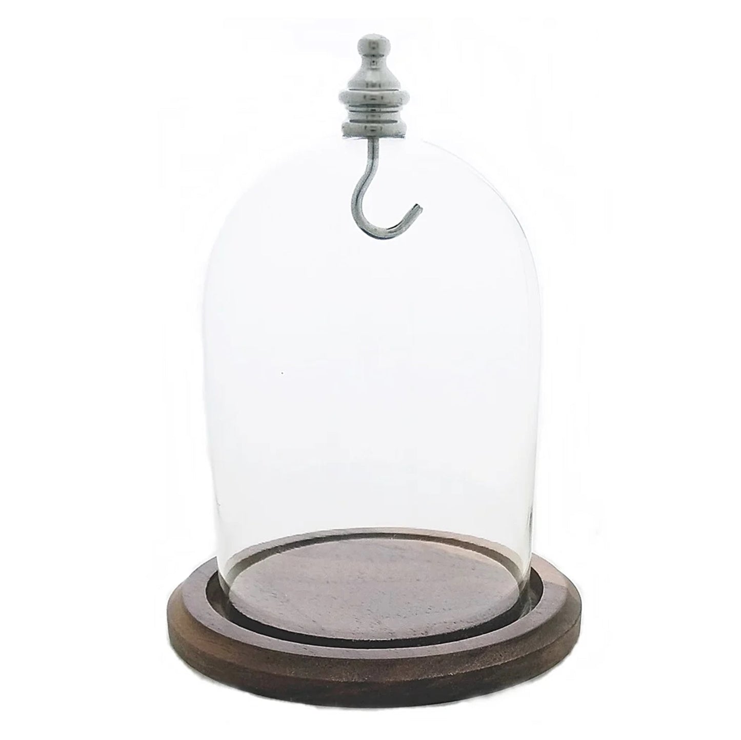 Pocket watch glass display dome cloche real walnut wood base and silver hook 3"x4", back view.