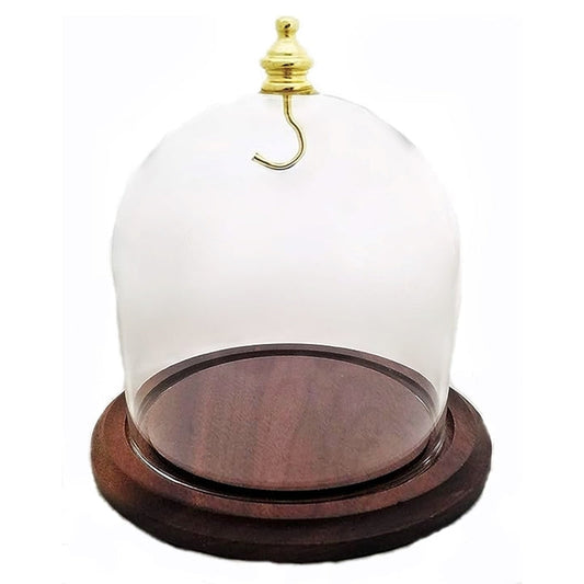 Pocket watch glass display dome cloche real walnut wood base and gold brass hook 4"x4", front view.