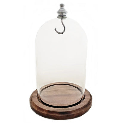 Pocket watch glass display dome cloche real walnut wood base and silver/chrome metal hook 3"x4-1/2", front view.