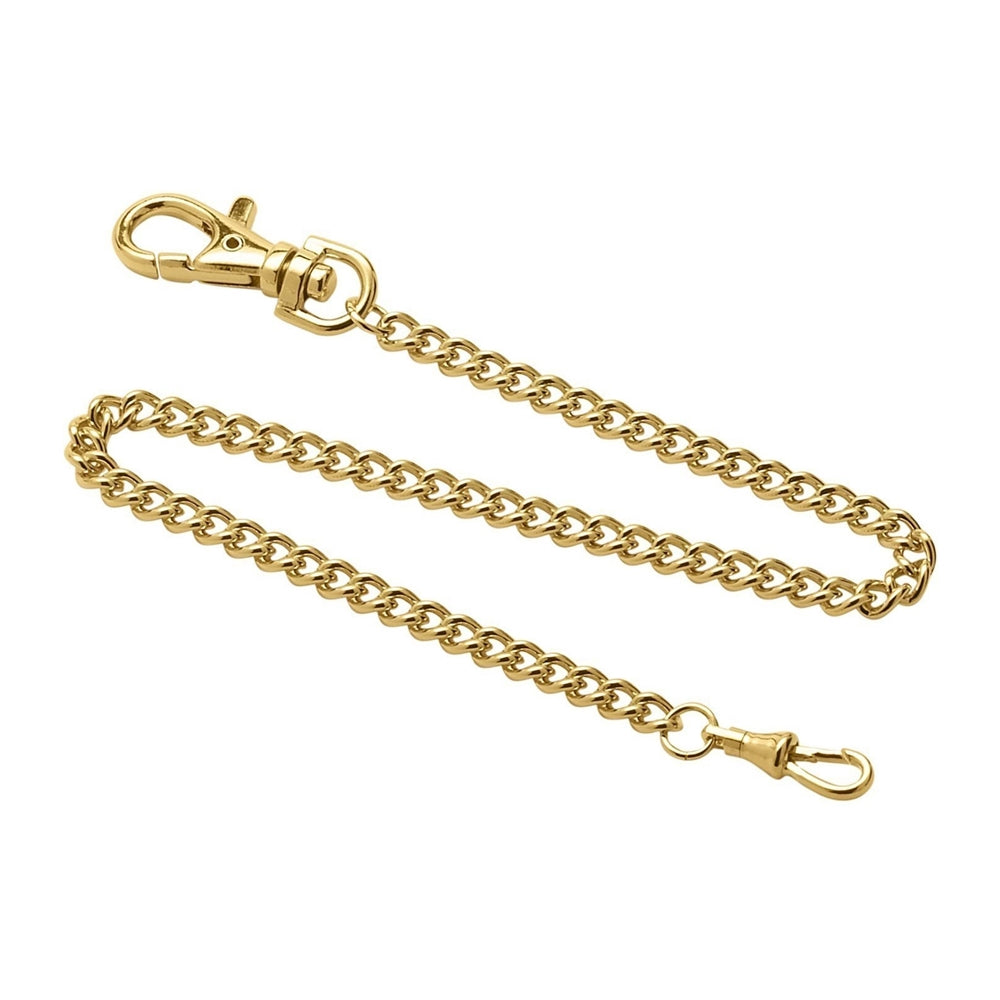 Dueber gold plated steel pocket watch chain, front view.