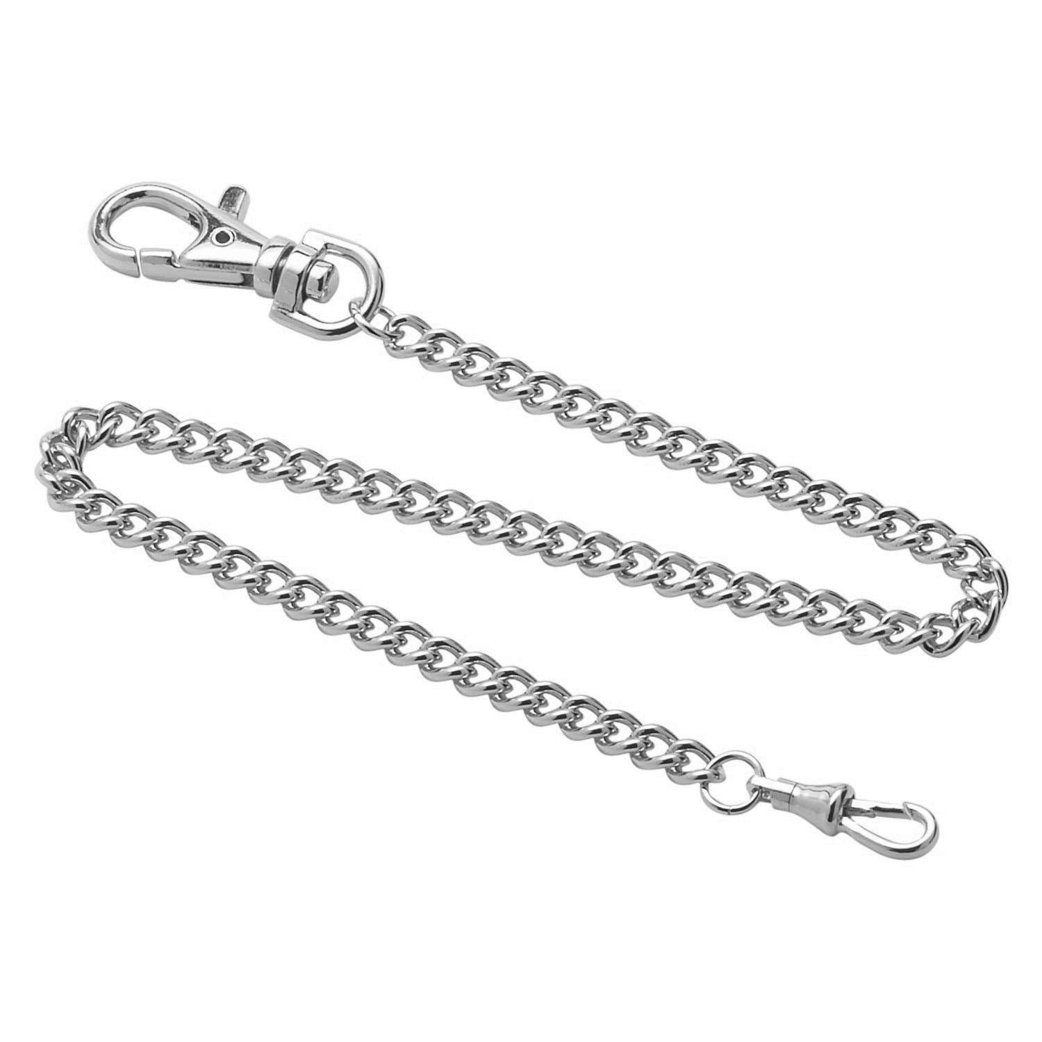 Dueber stainless steel chrome plated pocket watch chain, front view.