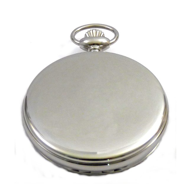 Dueber Model 25 pocket watch with Swiss made mechanical movement, chrome plated steel case, back view.