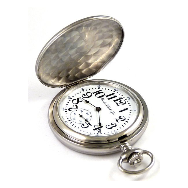 Dueber Model 25 pocket watch with Swiss made mechanical movement, chrome plated steel case, above view.