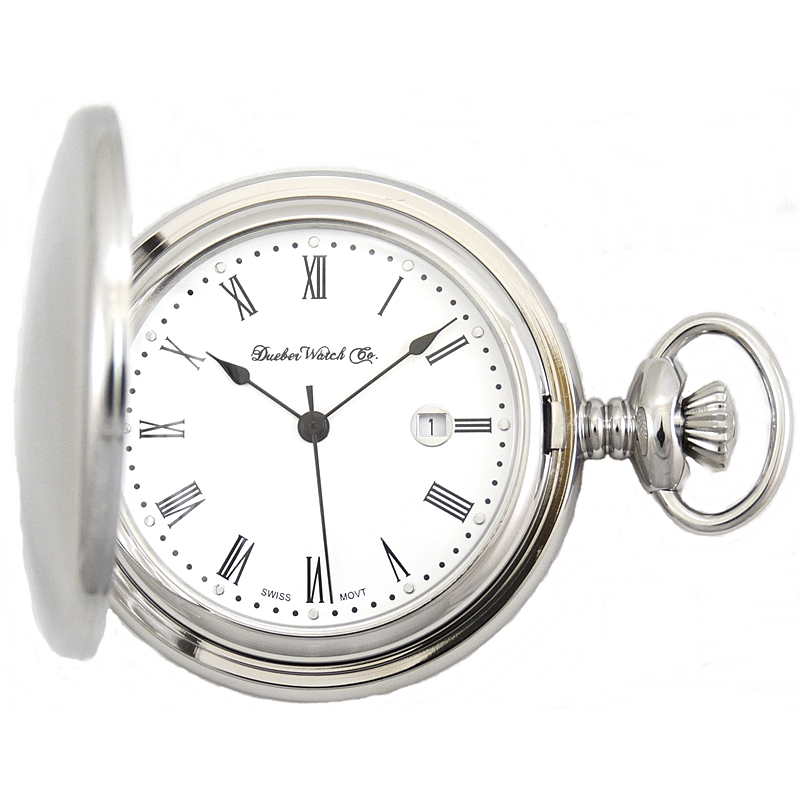 Dueber pocket watch, Swiss made movement, high polished chrome plated steel case, front view.