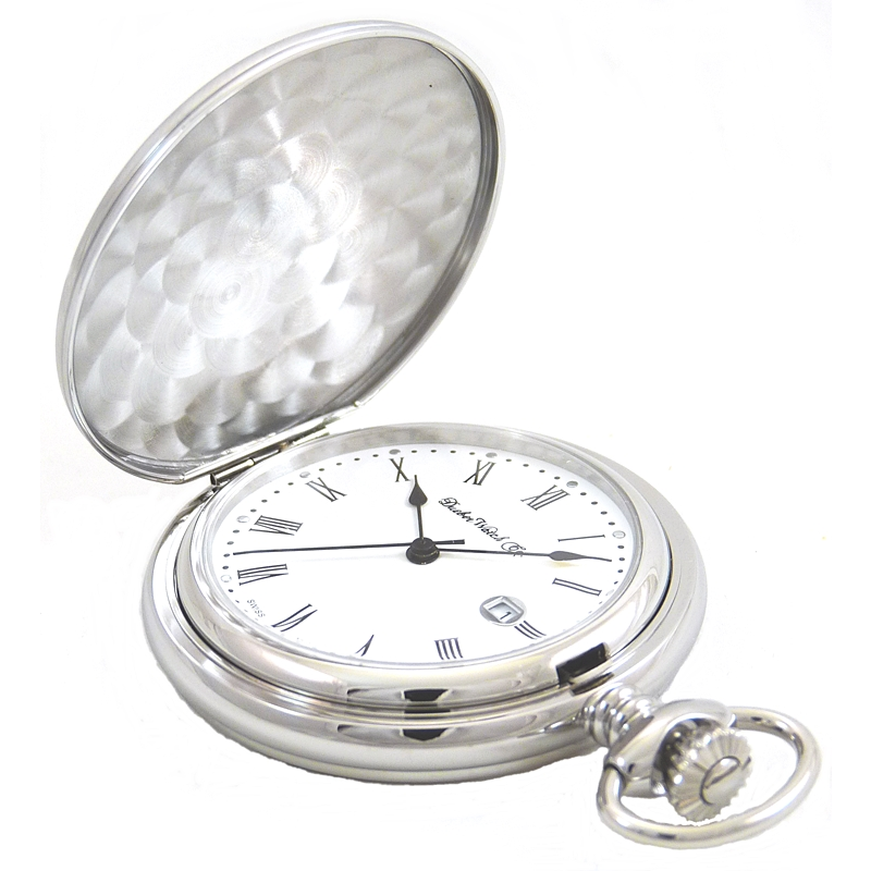 Dueber pocket watch, Swiss made movement, high polished chrome plated steel case, above view.