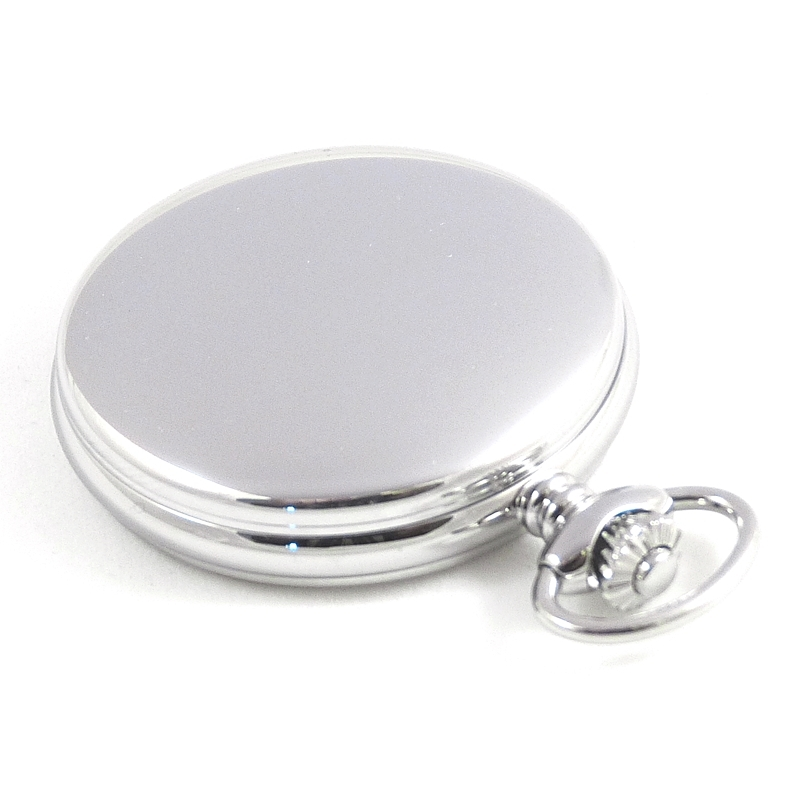 Dueber pocket watch, Swiss made movement, high polished chrome plated steel case, front case view.