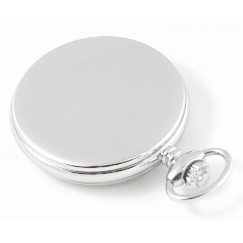 Dueber pocket watch, Swiss made movement, high polished chrome plated steel case, back view.