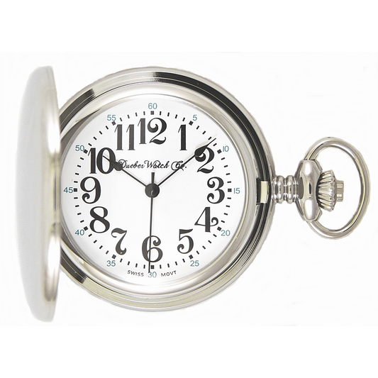 Dueber pocket watch, Swiss made movement, chrome plated steel case with locomotive, front view.