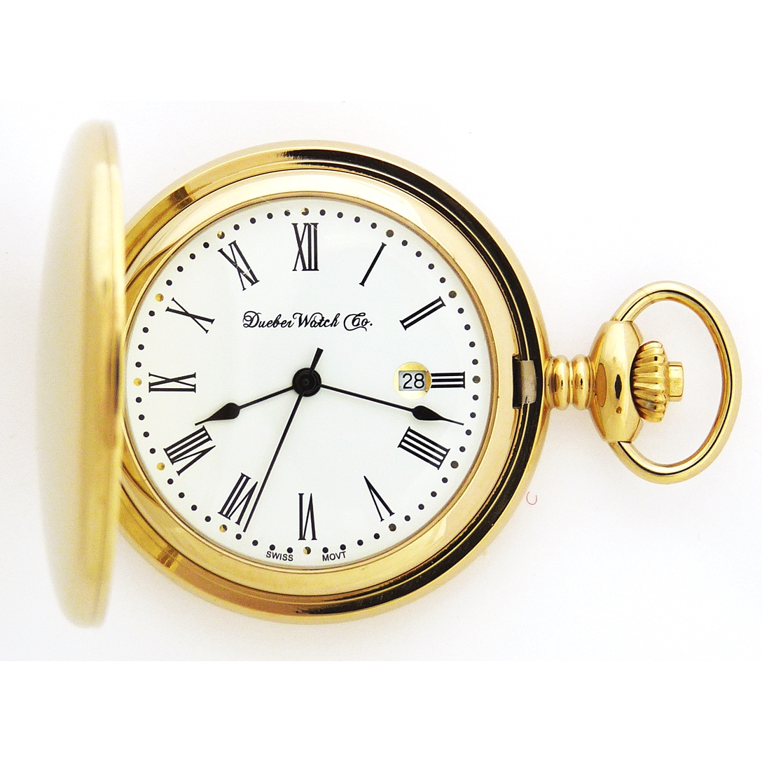 Dueber pocket watch with Swiss made movement, gold plated steel case, front view.