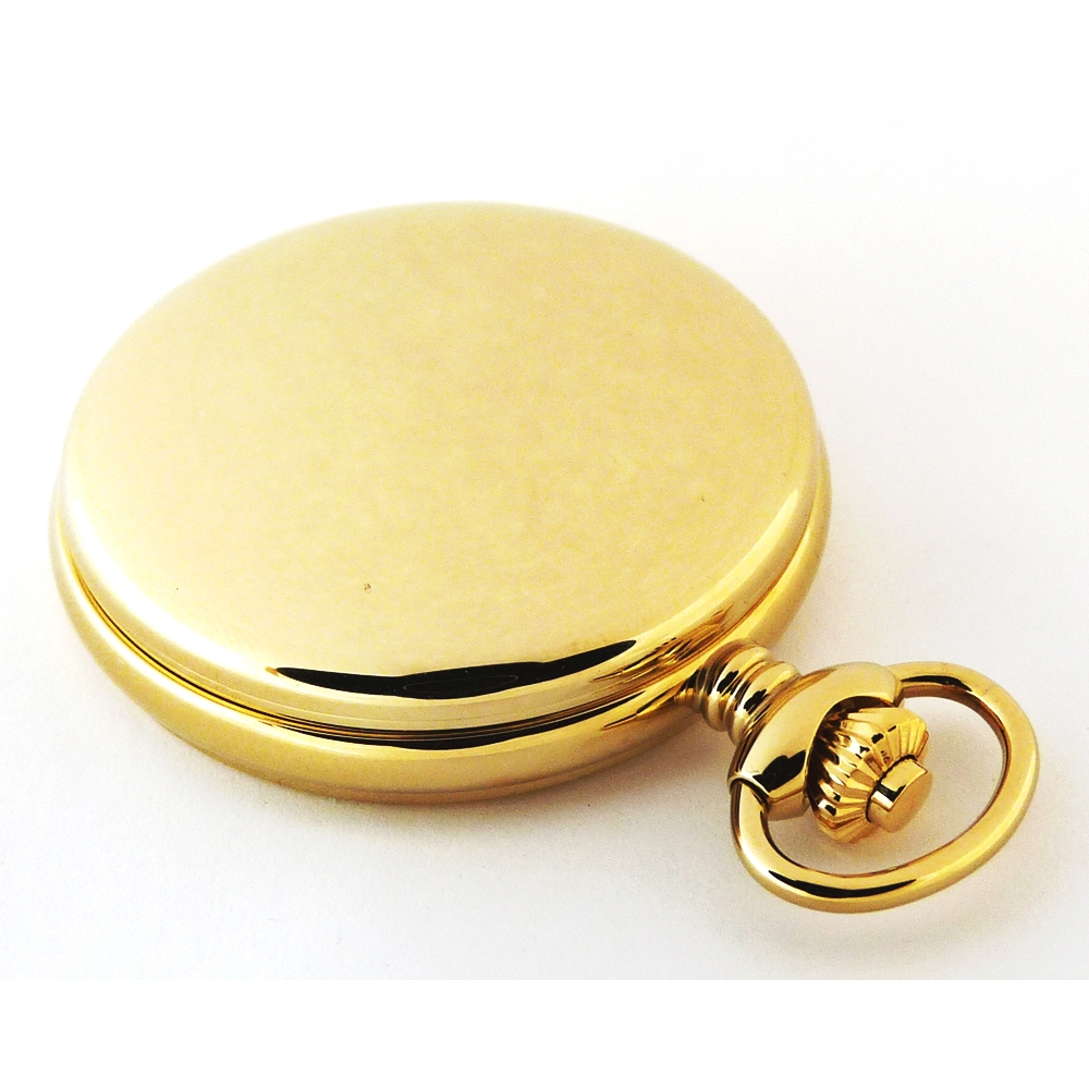 Dueber pocket watch with Swiss made movement, gold plated steel case, front case view.