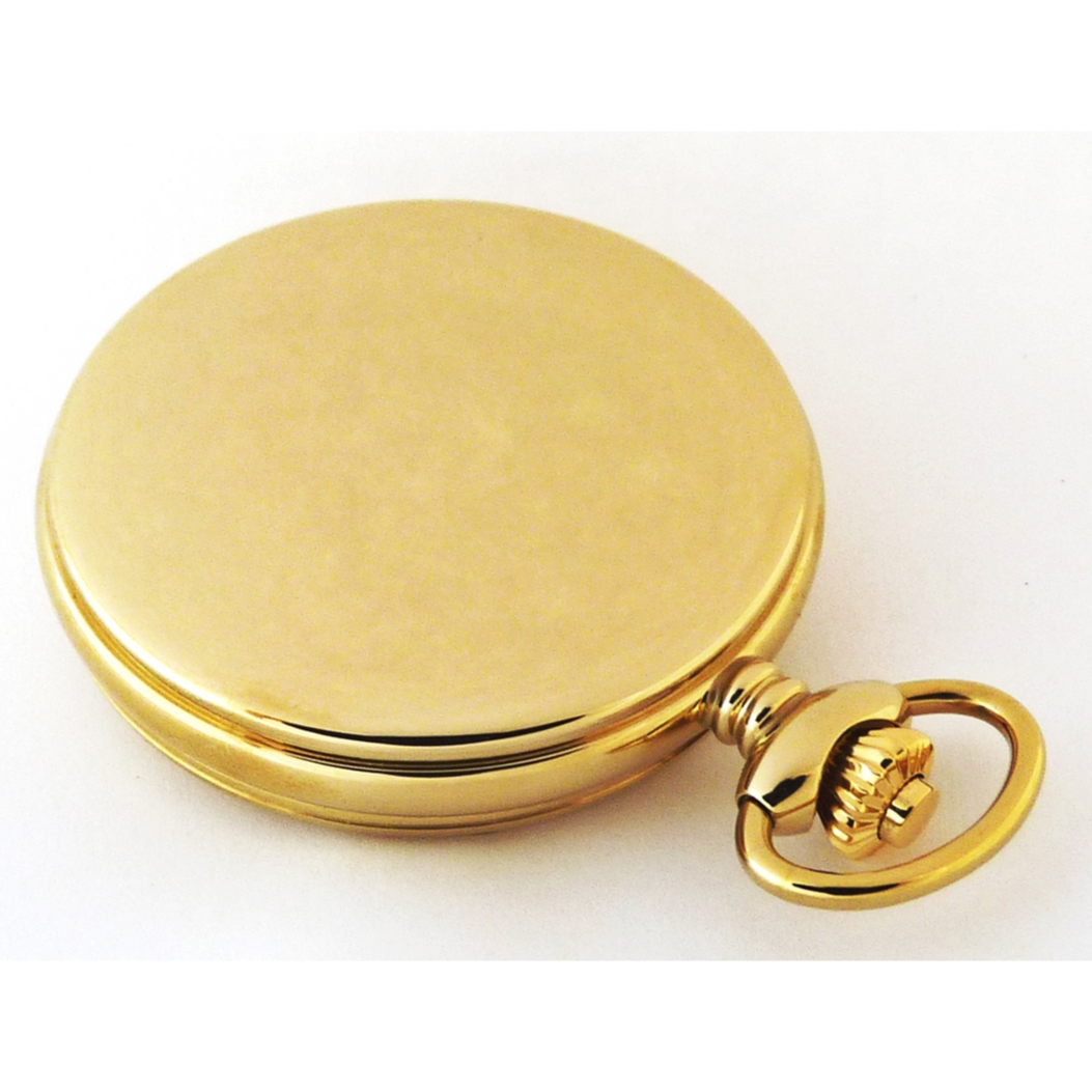 Dueber pocket watch with Swiss made movement, gold plated steel case, back view.