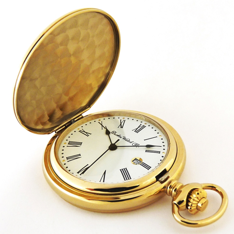 Dueber pocket watch with Swiss made movement, gold plated steel case, above view.