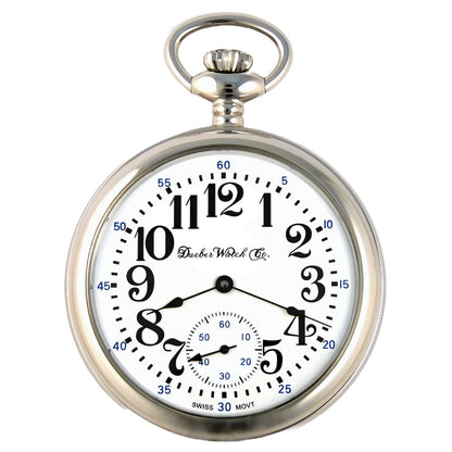 Dueber Model 5 pocket watch, Swiss mechanical movement, large arabic numeral dial, front view.